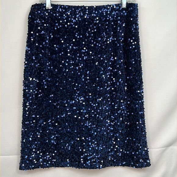 Nanette Lepore navy blue sequins stretch pencil skirt size 12 EUC - Picture 1 of 13